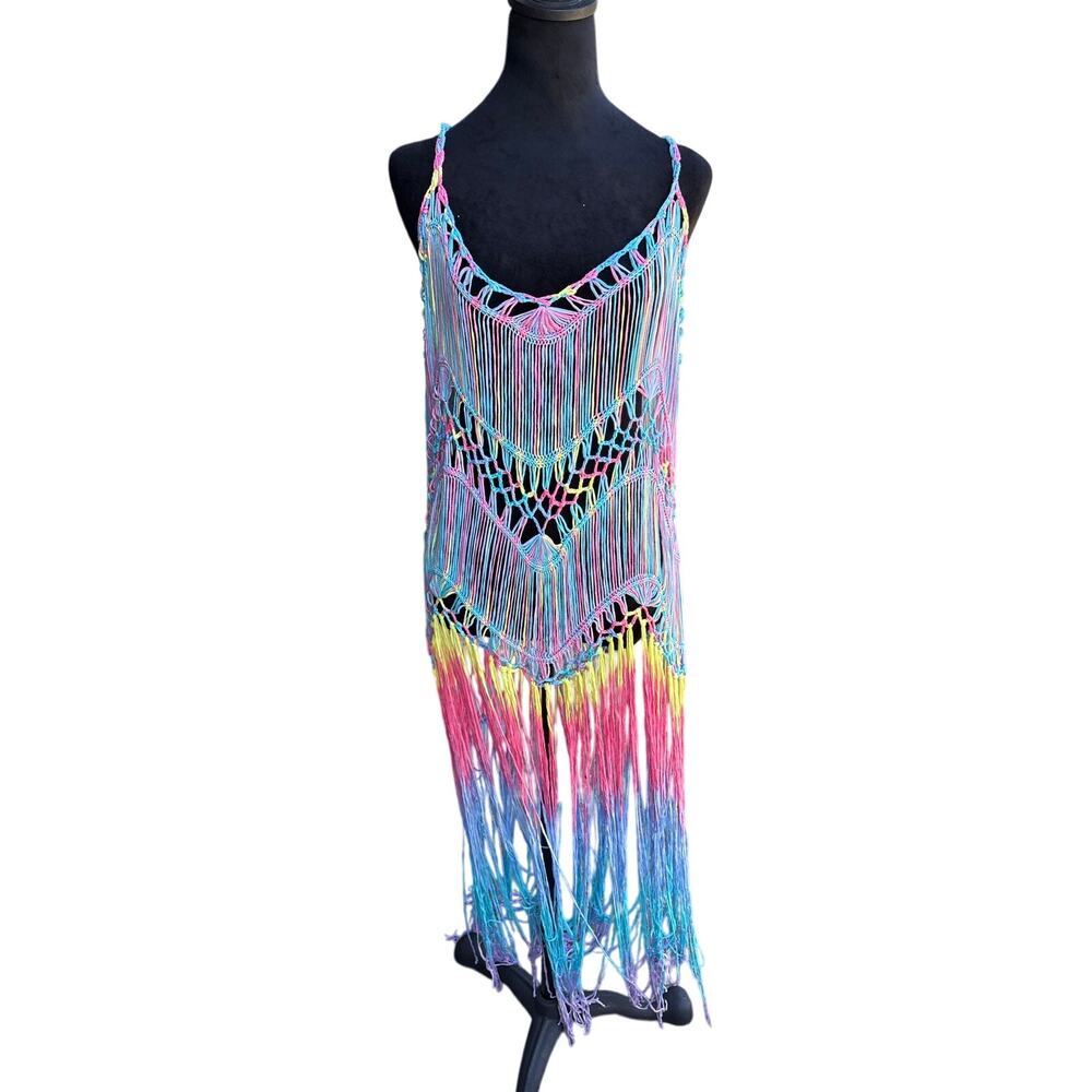 Rainbow Crochet Fringe Coverup Festival Boho Maxi Dress One Size
